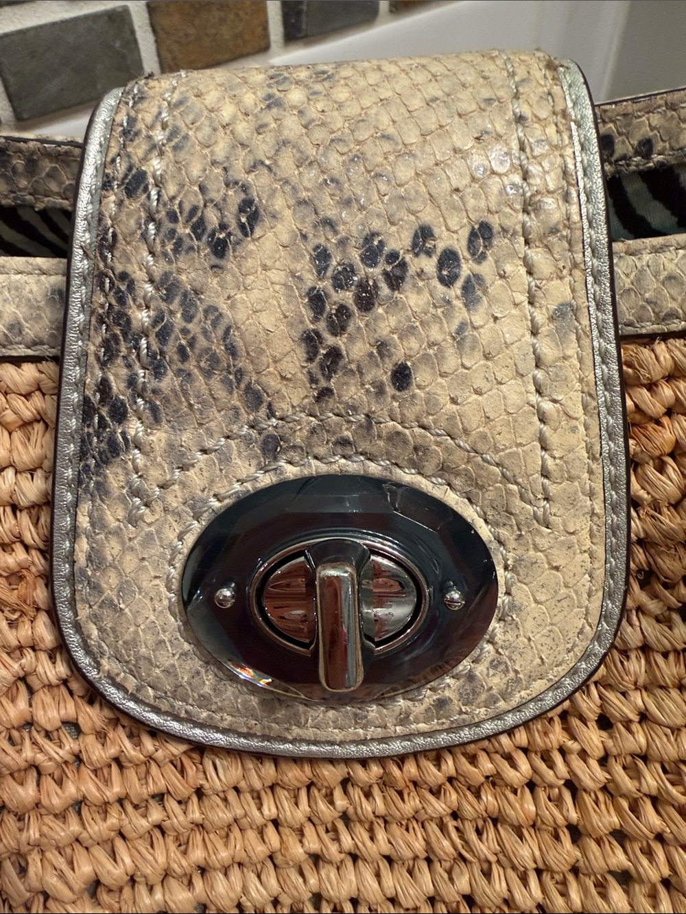 Coach Woven Straw Tote with Snake-Print Trim - Beige - Picture 2 of 11